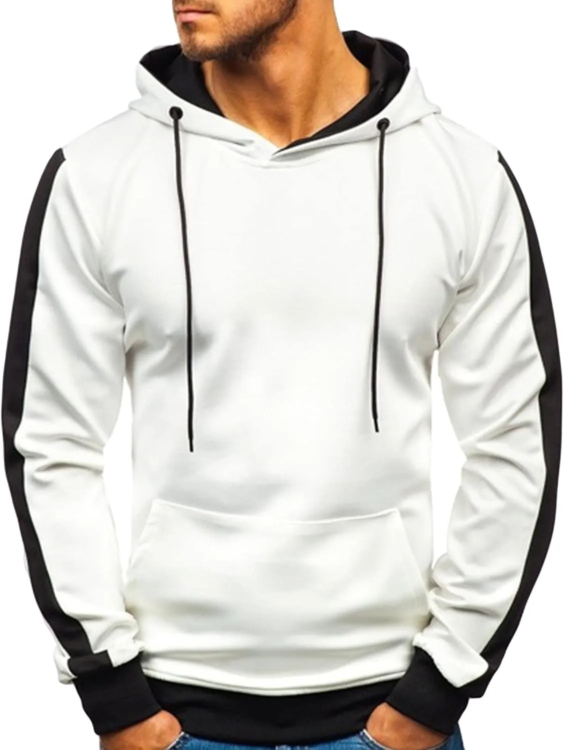 Maiyifu-GJ Men's Stripe Slim Athletic Hoodies Color Block Pullover Hoodie Contrast Color Hooded Sweatshirt with Kanga Pockets