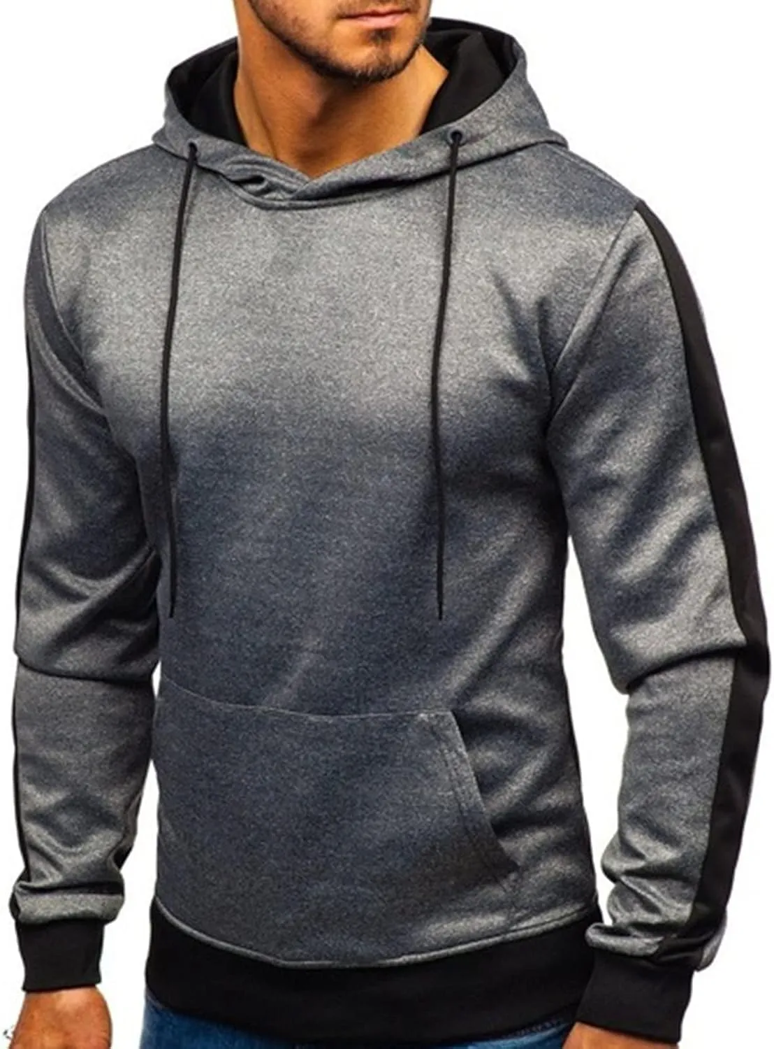 Maiyifu-GJ Men's Stripe Slim Athletic Hoodies Color Block Pullover Hoodie Contrast Color Hooded Sweatshirt with Kanga Pockets