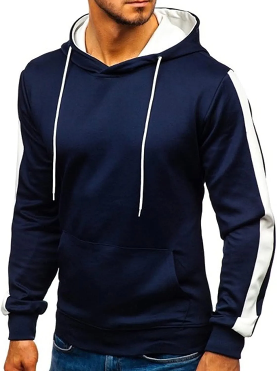 Maiyifu-GJ Men's Stripe Slim Athletic Hoodies Color Block Pullover Hoodie Contrast Color Hooded Sweatshirt with Kanga Pockets