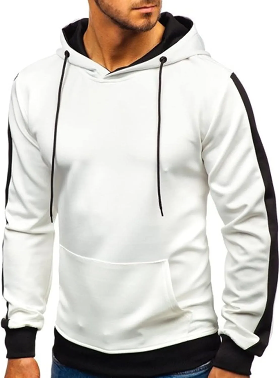 Maiyifu-GJ Men's Stripe Slim Athletic Hoodies Color Block Pullover Hoodie Contrast Color Hooded Sweatshirt with Kanga Pockets