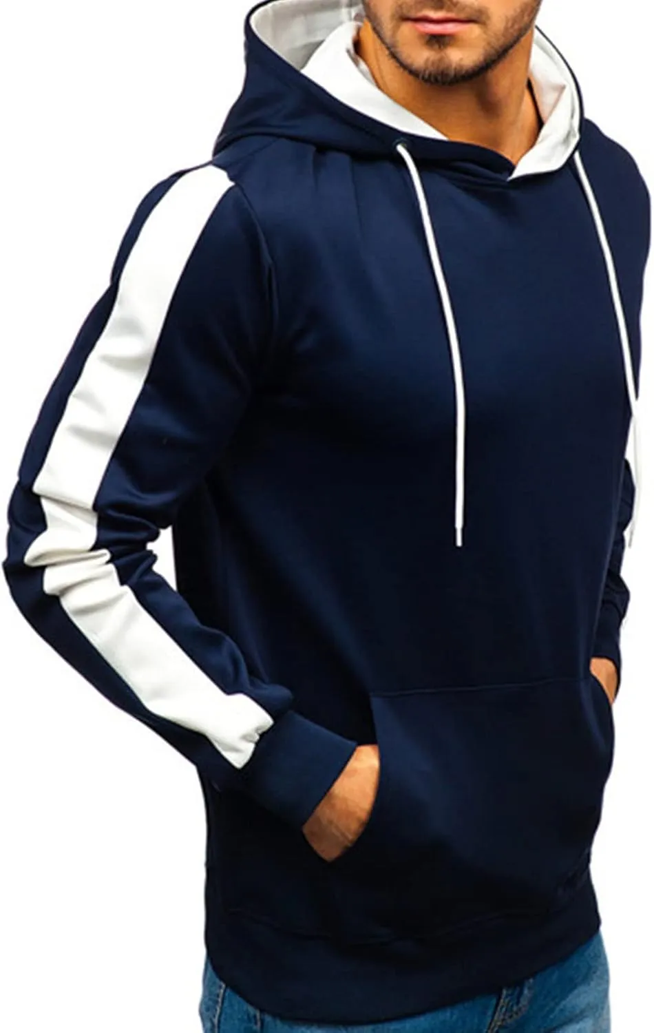 Maiyifu-GJ Men's Stripe Slim Athletic Hoodies Color Block Pullover Hoodie Contrast Color Hooded Sweatshirt with Kanga Pockets