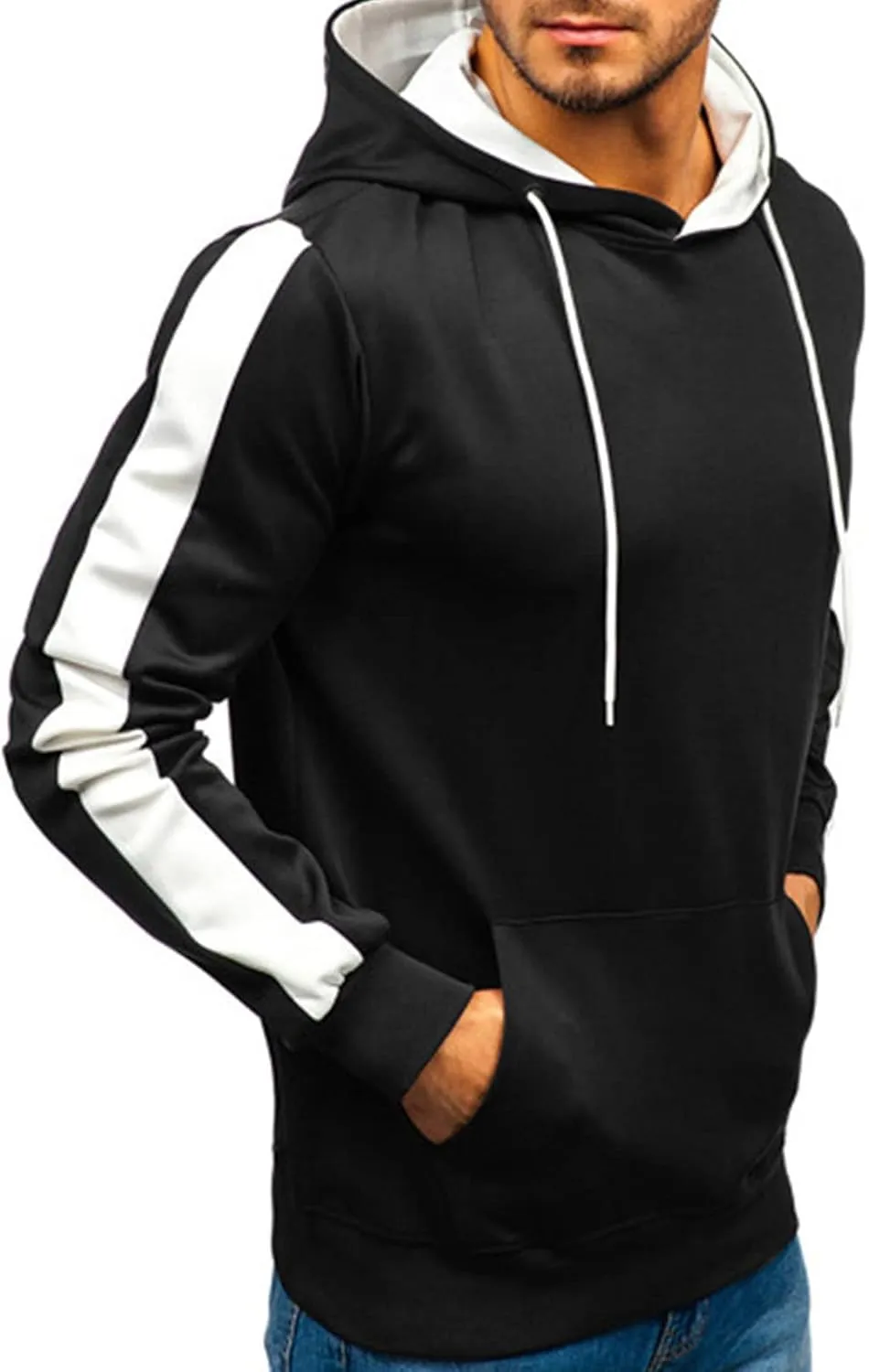 Maiyifu-GJ Men's Stripe Slim Athletic Hoodies Color Block Pullover Hoodie Contrast Color Hooded Sweatshirt with Kanga Pockets