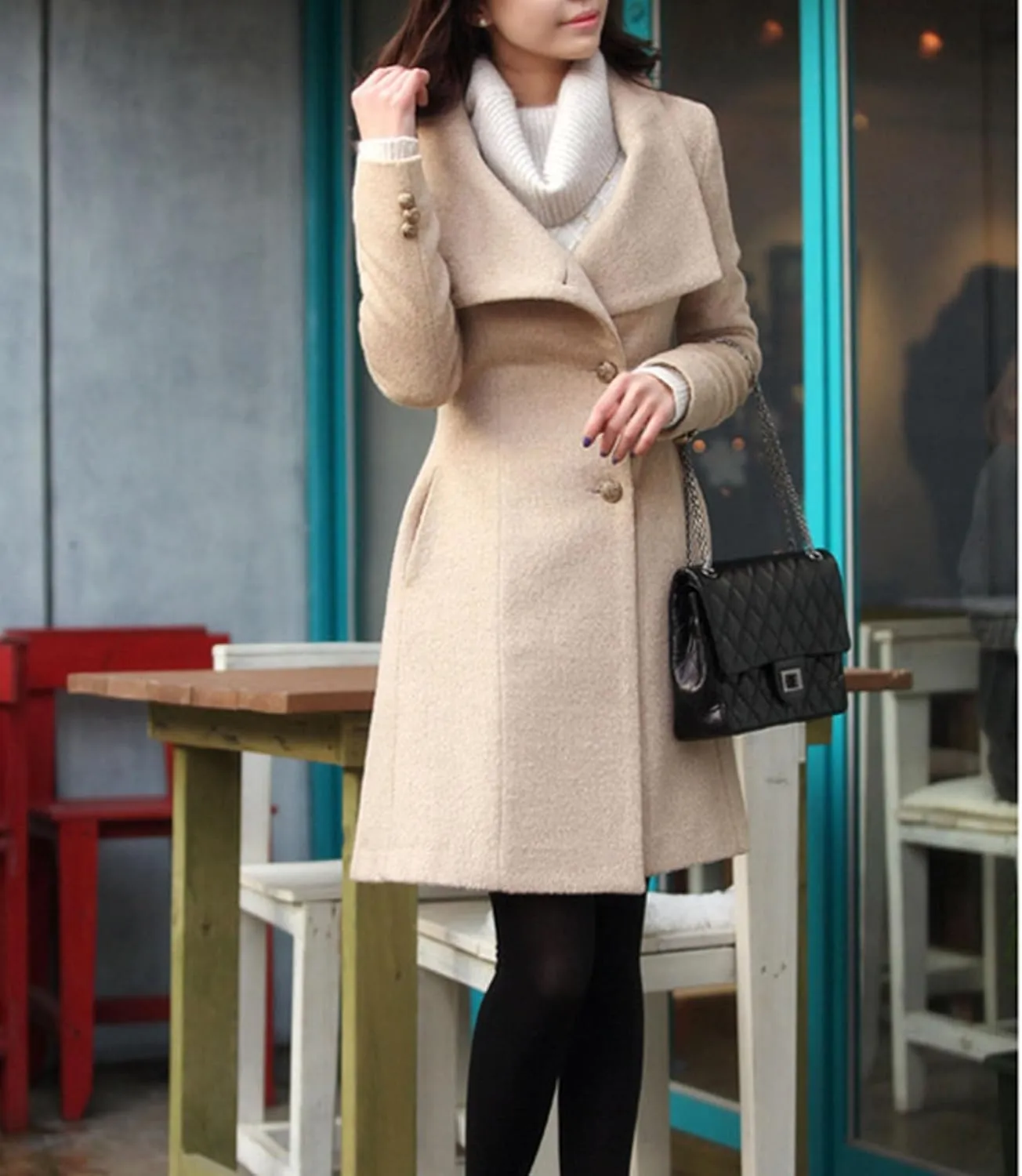 Maiyifu-GJ Womens Elegant Trench Coats Mid Long Single Breasted Wool Blend Coat Classic Stand Collar Long Sleeve Overcoat