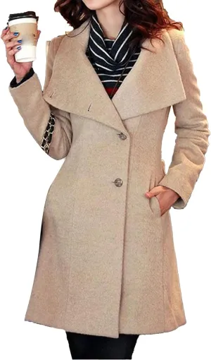 Maiyifu-GJ Womens Elegant Trench Coats Mid Long Single Breasted Wool Blend Coat Classic Stand Collar Long Sleeve Overcoat