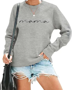 Mama Sweatshirt for Women Letter Print Graphic Top Oversized Crewneck Long Sleeve Sweatshirts Lightweight Pullover
