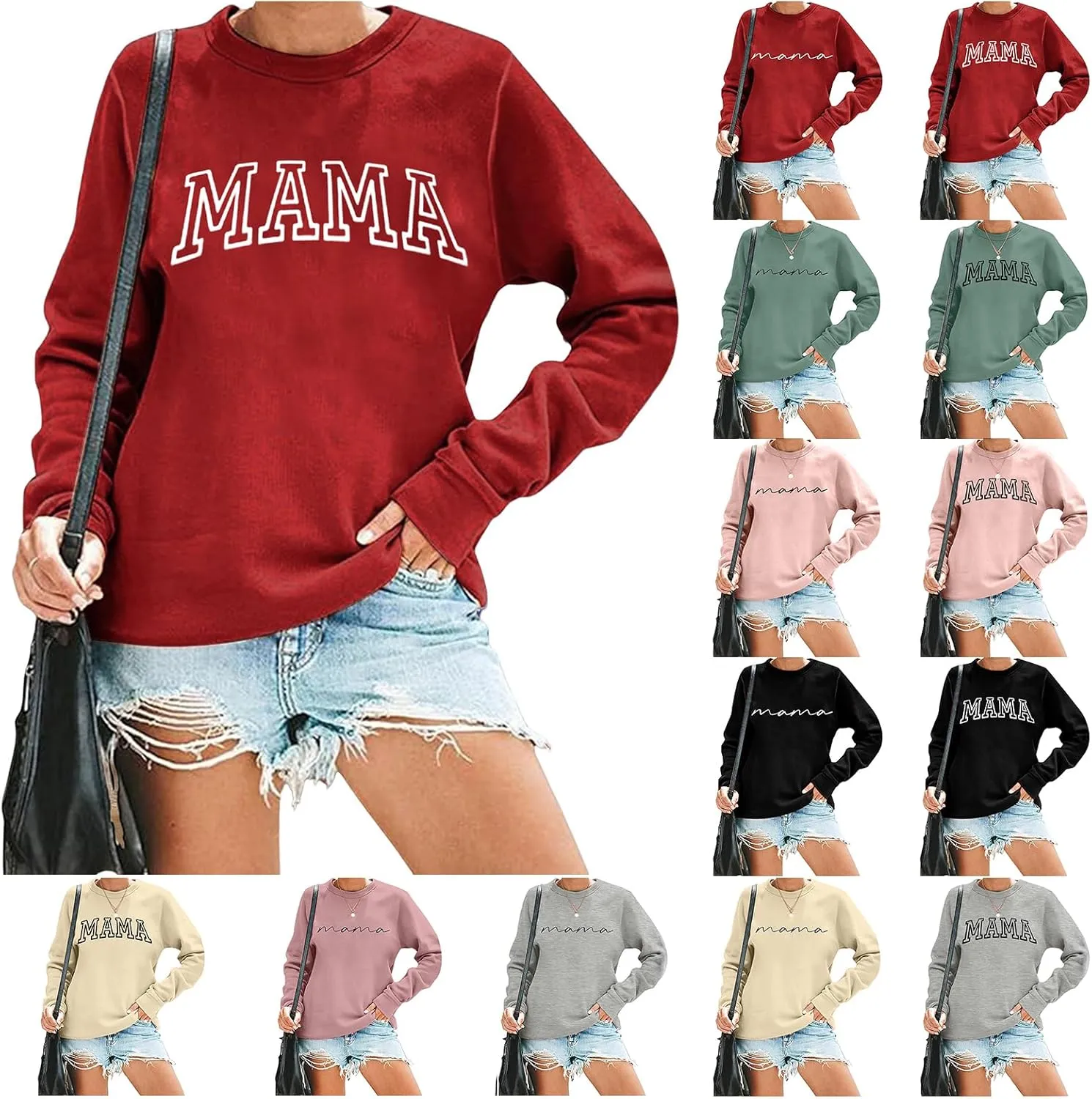 Mama Sweatshirt for Women Letter Print Graphic Top Oversized Crewneck Long Sleeve Sweatshirts Lightweight Pullover
