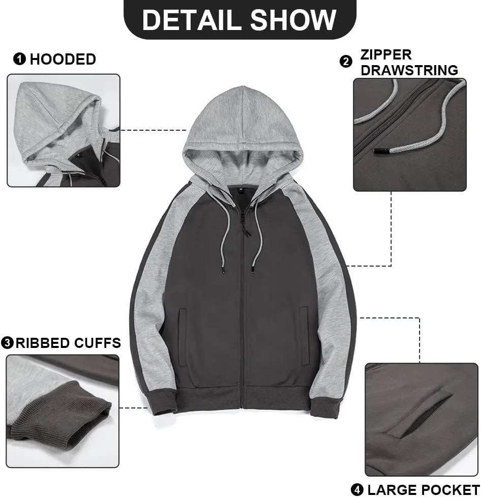 MANTORS Mens Fleece Jackets Contrast Hoodies Lightweight Sweatshirt Color Block Jacket Coats