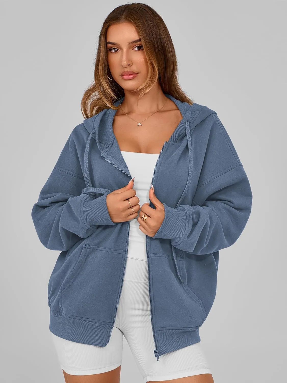 MASCOMODA Women Zip Up Hoodie Trendy Oversized Sweatshirt Casual Long Sleeve Fleece Jacket Fall Winter Clothes with Pockets