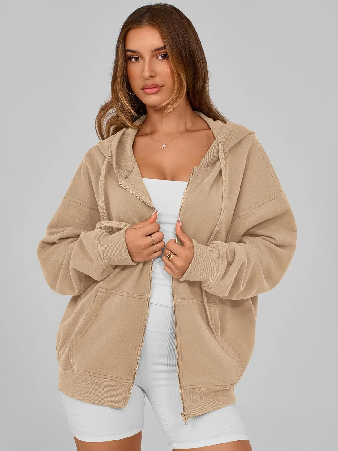 MASCOMODA Women Zip Up Hoodie Trendy Oversized Sweatshirt Casual Long Sleeve Fleece Jacket Fall Winter Clothes with Pockets