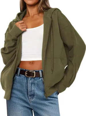 MASCOMODA Women Zip Up Hoodie Trendy Oversized Sweatshirt Casual Long Sleeve Fleece Jacket Fall Winter Clothes with Pockets