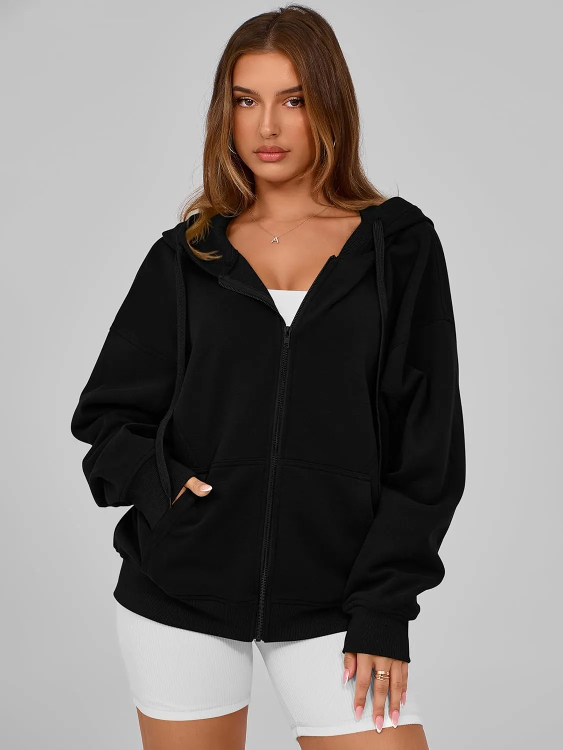 MASCOMODA Women Zip Up Hoodie Trendy Oversized Sweatshirt Casual Long Sleeve Fleece Jacket Fall Winter Clothes with Pockets