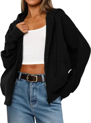 MASCOMODA Women Zip Up Hoodie Trendy Oversized Sweatshirt Casual Long Sleeve Fleece Jacket Fall Winter Clothes with Pockets