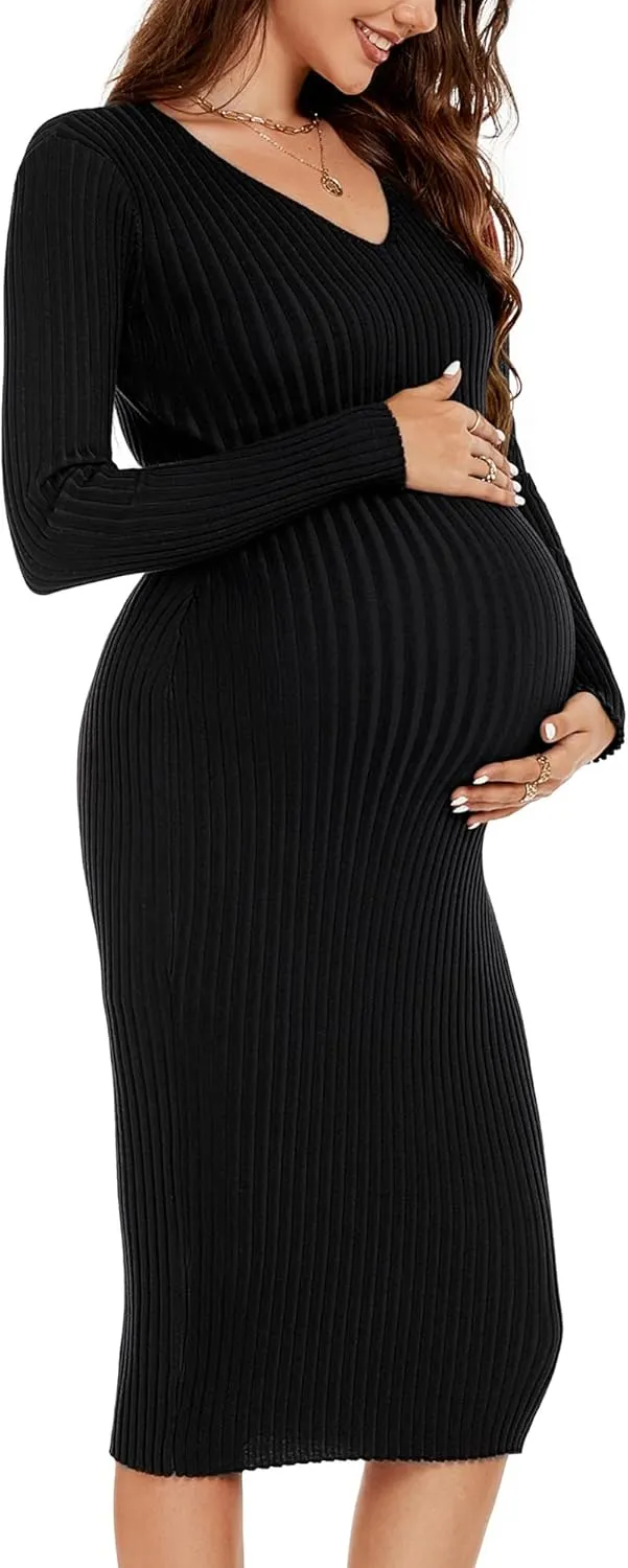 Maternity Dress Long Sleeve V Neck Knit Stretchable Sweater Dresses Pregnancy Clothes for Photoshoot Baby Shower