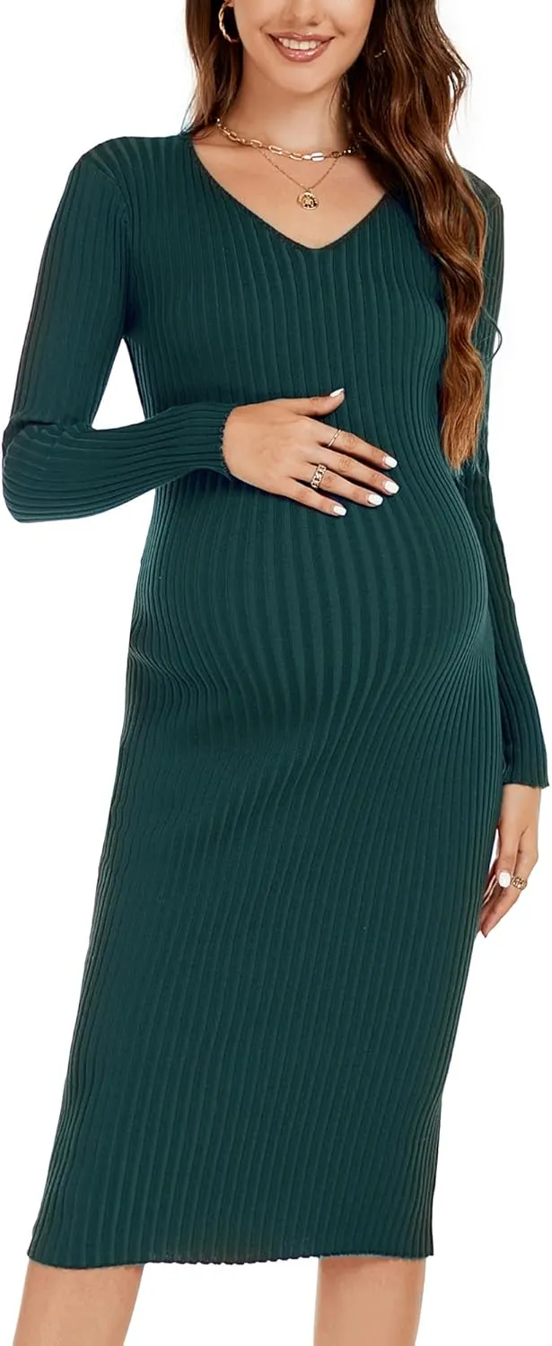 Maternity Dress Long Sleeve V Neck Knit Stretchable Sweater Dresses Pregnancy Clothes for Photoshoot Baby Shower