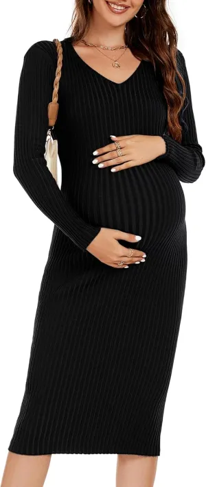 Maternity Dress Long Sleeve V Neck Knit Stretchable Sweater Dresses Pregnancy Clothes for Photoshoot Baby Shower