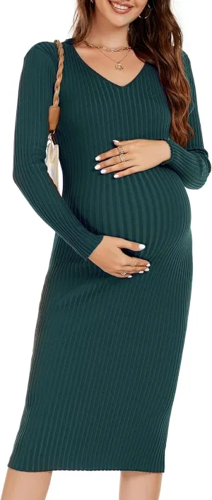 Maternity Dress Long Sleeve V Neck Knit Stretchable Sweater Dresses Pregnancy Clothes for Photoshoot Baby Shower