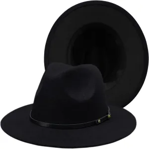 Men & Women Fedora Hats Stylish Two Tone Wide Brim Panama Felt Hat with Belt Buckle