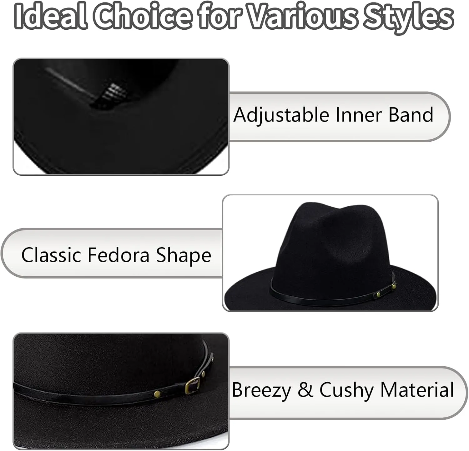 Men & Women Fedora Hats Stylish Two Tone Wide Brim Panama Felt Hat with Belt Buckle