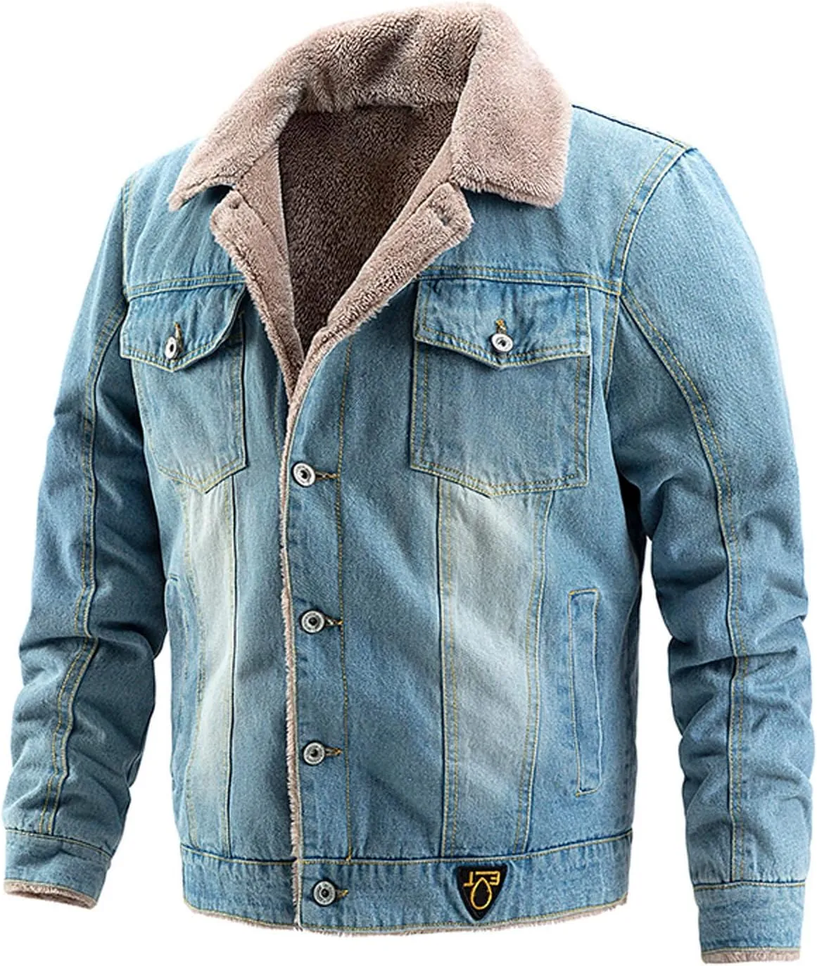 Men Sherpa Trucker Jacket Warm Fleece Lined Thick Denim Coat Oversize Fuzzy Turn Down Collar Button Winter Outerwear