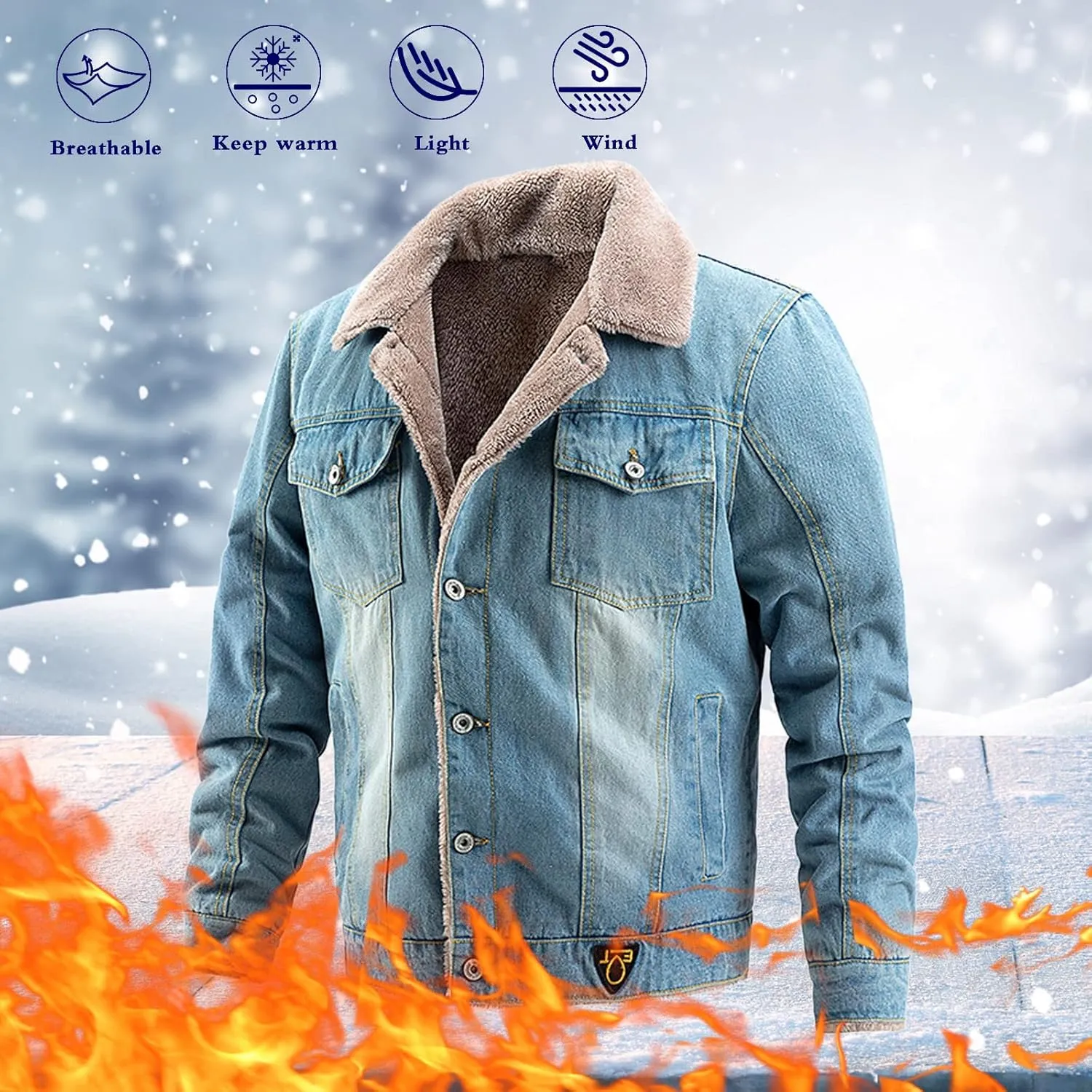 Men Sherpa Trucker Jacket Warm Fleece Lined Thick Denim Coat Oversize Fuzzy Turn Down Collar Button Winter Outerwear