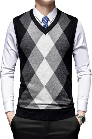 Men's Argyle Vest Sweater Wool Blend V-Neck Relaxed Fit Cable Knit Sleeveless Pullover Sweater