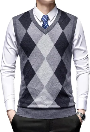 Men's Argyle Vest Sweater Wool Blend V-Neck Relaxed Fit Cable Knit Sleeveless Pullover Sweater