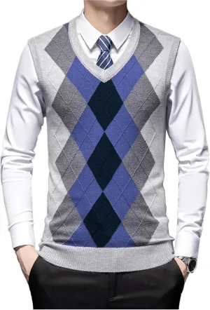Men's Argyle Vest Sweater Wool Blend V-Neck Relaxed Fit Cable Knit Sleeveless Pullover Sweater