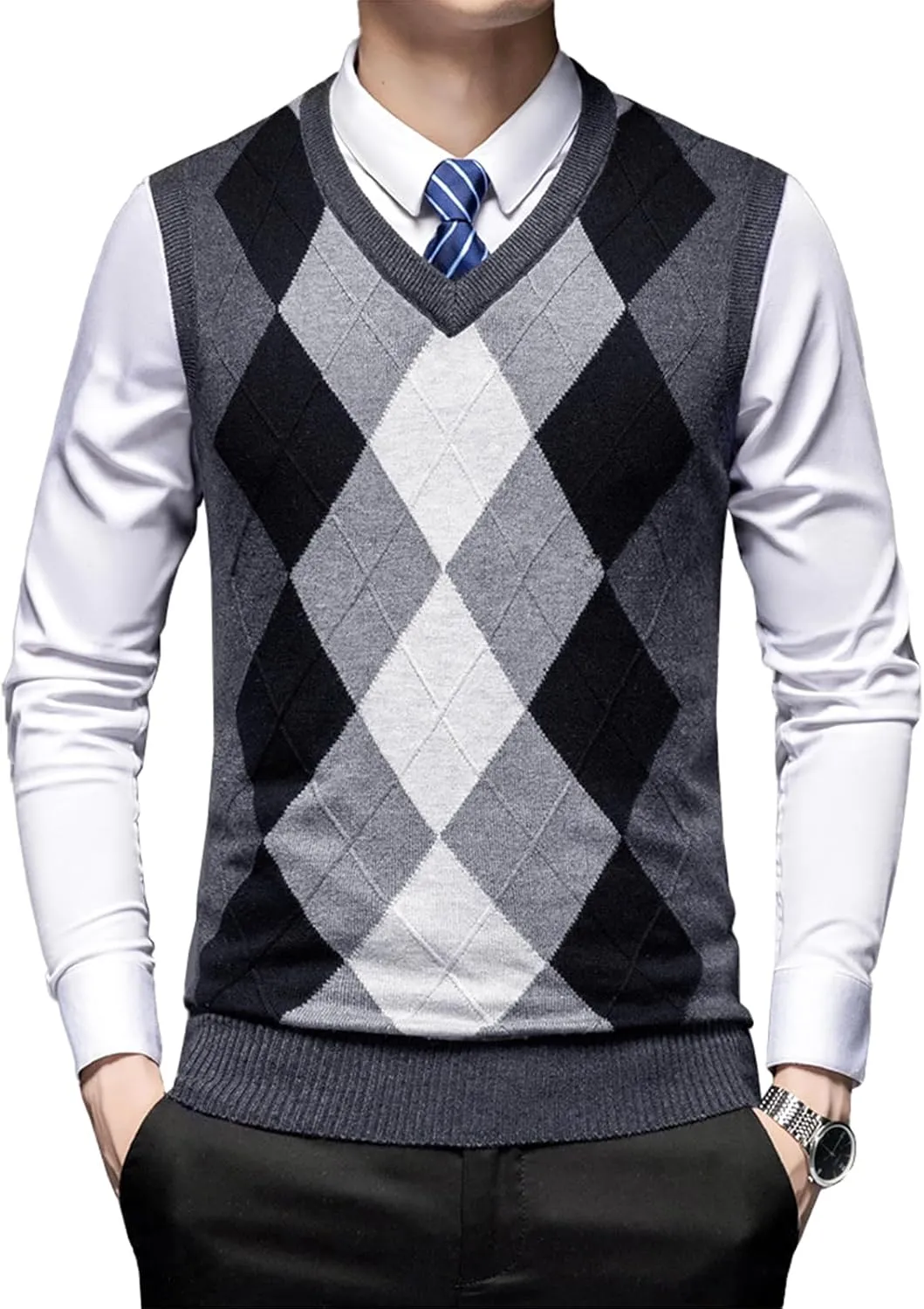 Men's Argyle Vest Sweater Wool Blend V-Neck Relaxed Fit Cable Knit Sleeveless Pullover Sweater