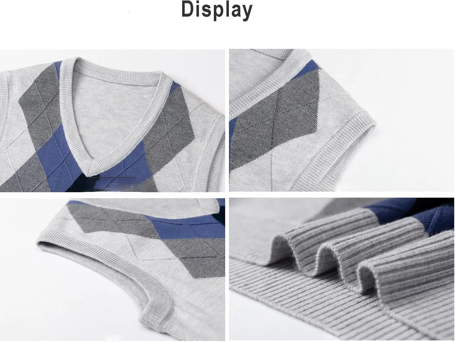 Men's Argyle Vest Sweater Wool Blend V-Neck Relaxed Fit Cable Knit Sleeveless Pullover Sweater