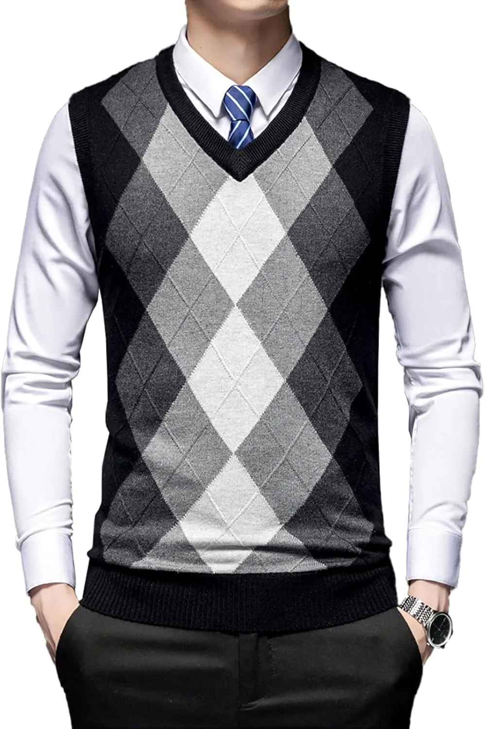 Men's Argyle Vest Sweater Wool Blend V-Neck Relaxed Fit Cable Knit Sleeveless Pullover Sweater