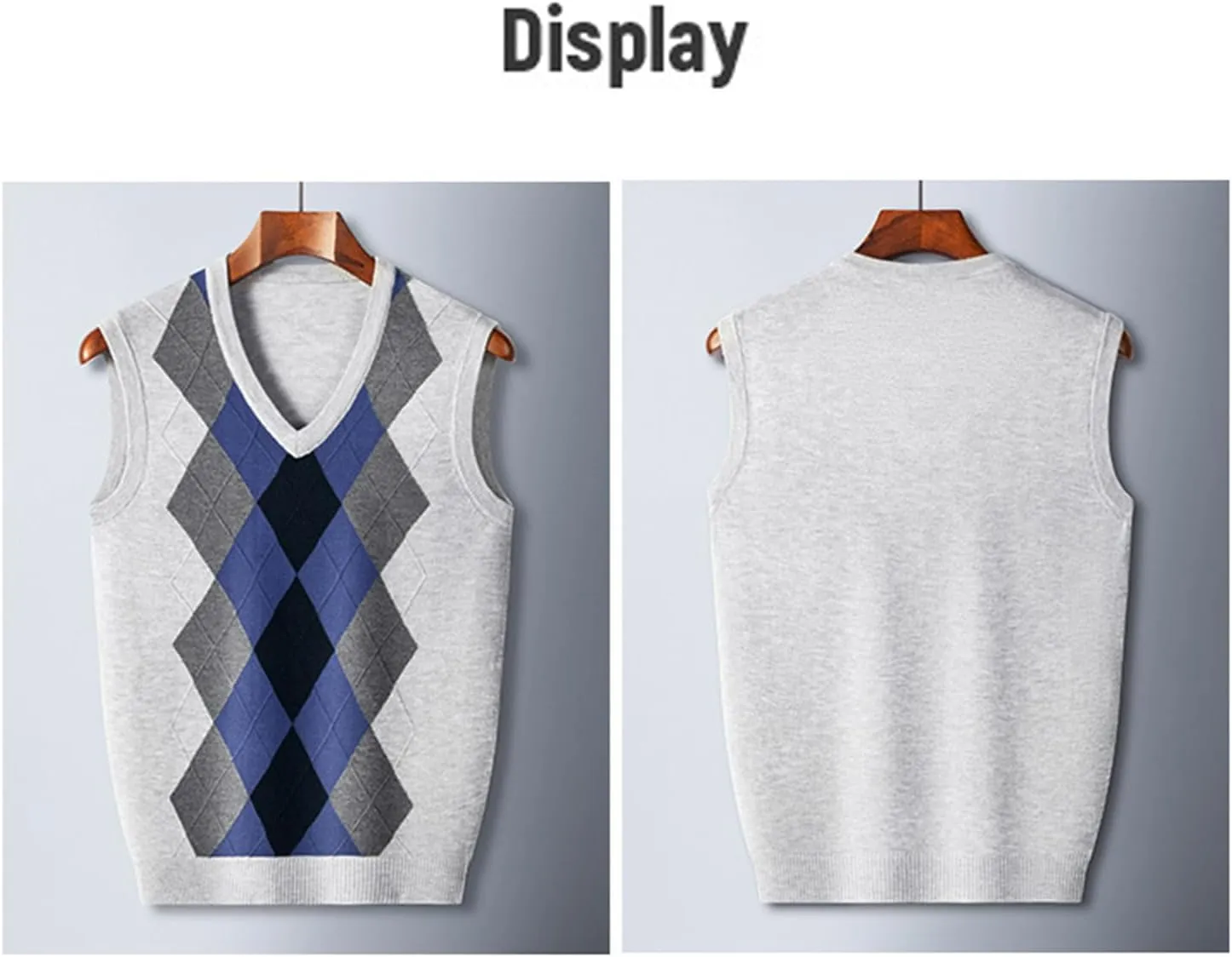 Men's Argyle Vest Sweater Wool Blend V-Neck Relaxed Fit Cable Knit Sleeveless Pullover Sweater