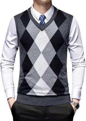 Men's Argyle Vest Sweater Wool Blend V-Neck Relaxed Fit Cable Knit Sleeveless Pullover Sweater