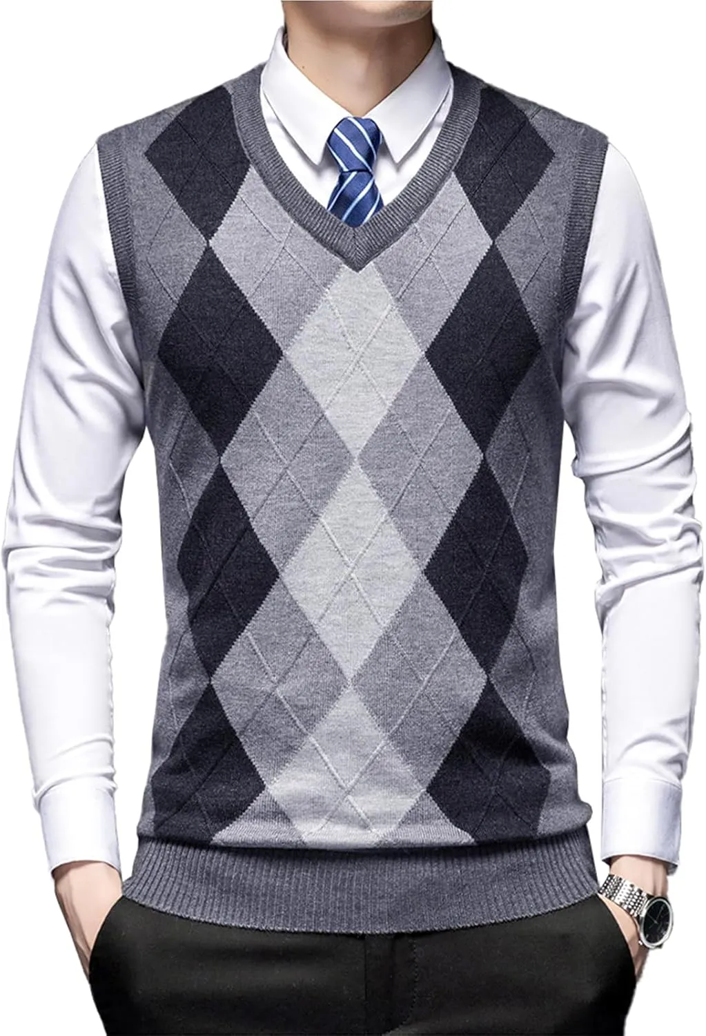 Men's Argyle Vest Sweater Wool Blend V-Neck Relaxed Fit Cable Knit Sleeveless Pullover Sweater