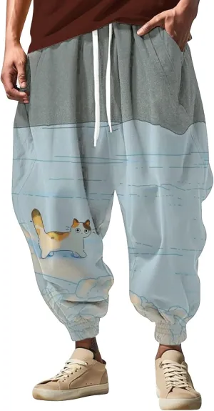 Mens Baggy Harem Pants Men Elastic Drawstring Cotton Pants Waist Waist Mid Casual Solid Mens Casual Cotton Linen