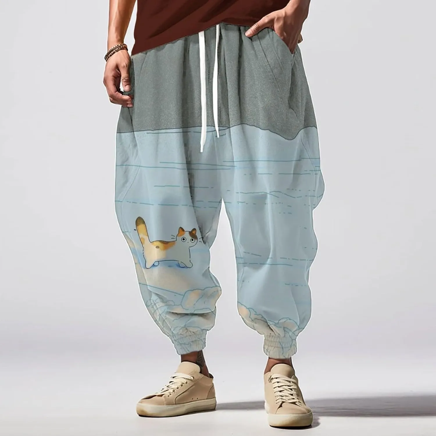 Mens Baggy Harem Pants Men Elastic Drawstring Cotton Pants Waist Waist Mid Casual Solid Mens Casual Cotton Linen