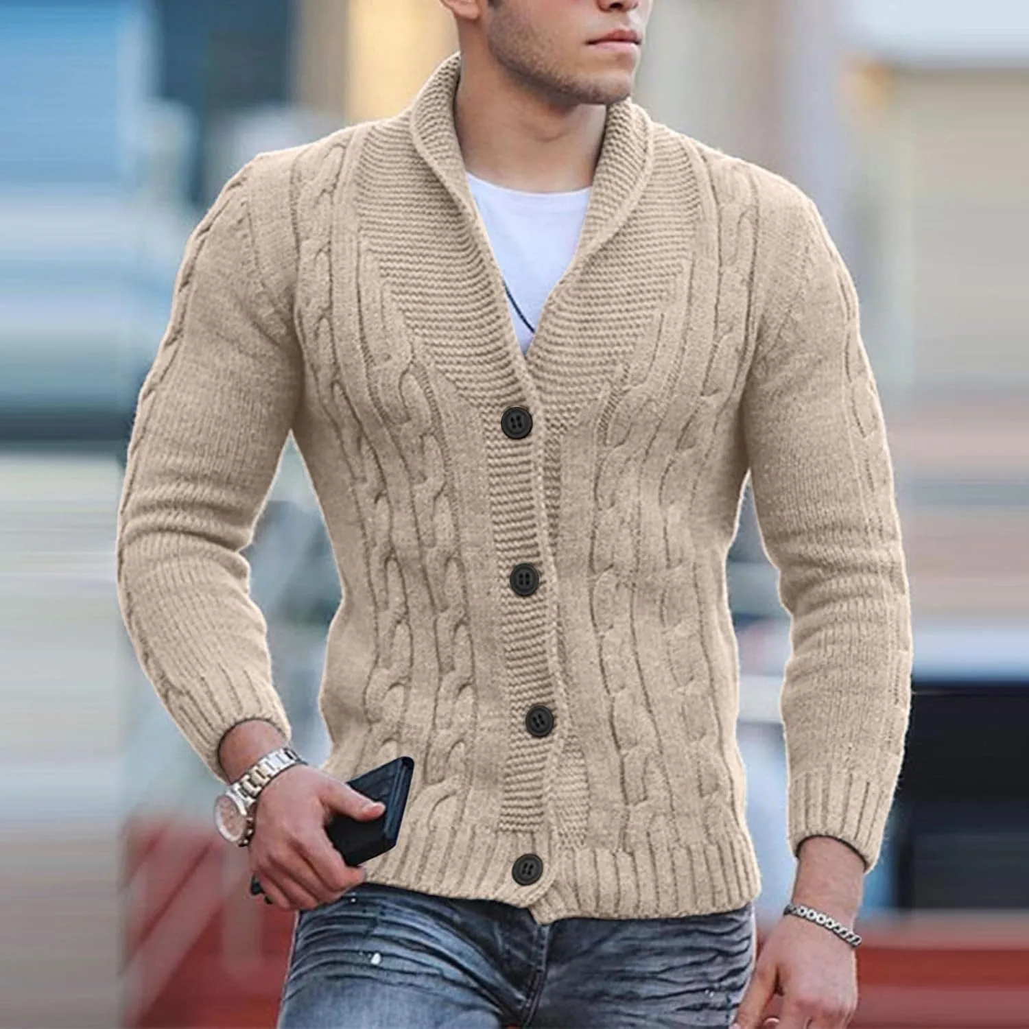 Men's Button Down Sweater Fashion Knit V Neck Cardigan Sweatshirt Slim Long Sleeve Warm Jacket Knitted Coats