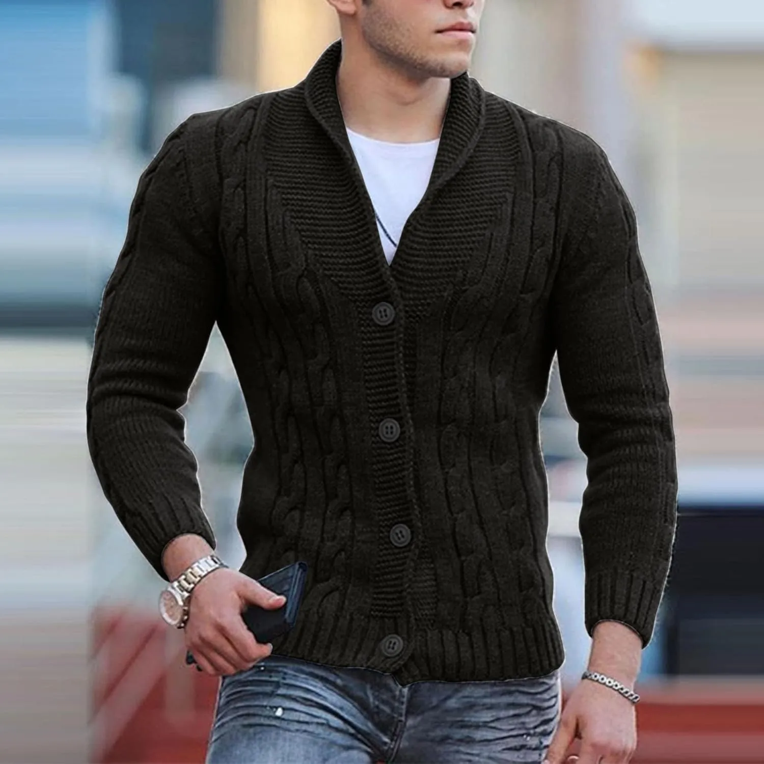 Men's Button Down Sweater Fashion Knit V Neck Cardigan Sweatshirt Slim Long Sleeve Warm Jacket Knitted Coats