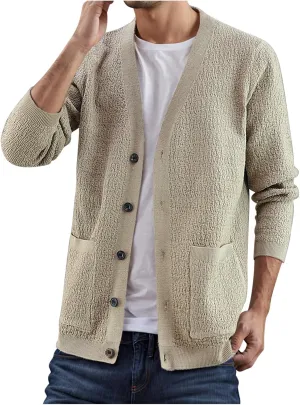 Mens Cable Knit Cardigan Sweater V-Neck Button Down Casual Sweaters Fashion Ribbed Chunky Outwear with Pocket