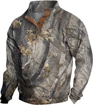 Mens Camo Sweatshirt Stand Collar Pullover, Buckle Closure, for Camouflage Training Clothes and Outdoor Sportswear