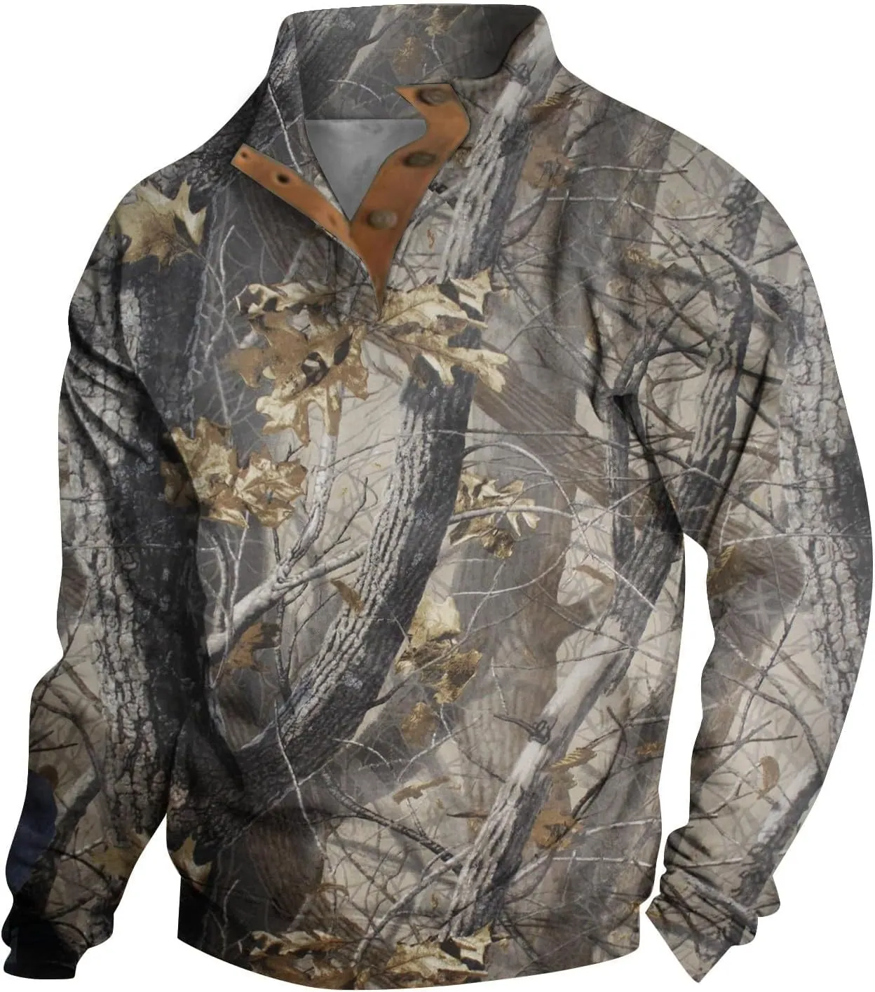 Mens Camo Sweatshirt Stand Collar Pullover, Buckle Closure, for Camouflage Training Clothes and Outdoor Sportswear