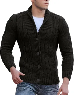 Men's Cardigan Sweaters Cable Knit Button Down Sweater Shawl Collar Loose Fit Casual Knitted Cardigan
