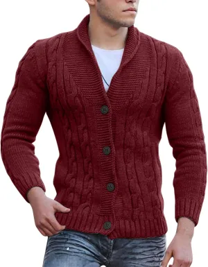 Men's Cardigan Sweaters Cable Knit Button Down Sweater Shawl Collar Loose Fit Casual Knitted Cardigan