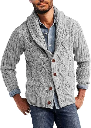 Men's Cardigan Sweaters Cable Knit Button Down Sweater Shawl Collar Loose Fit Casual Knitted Cardigan