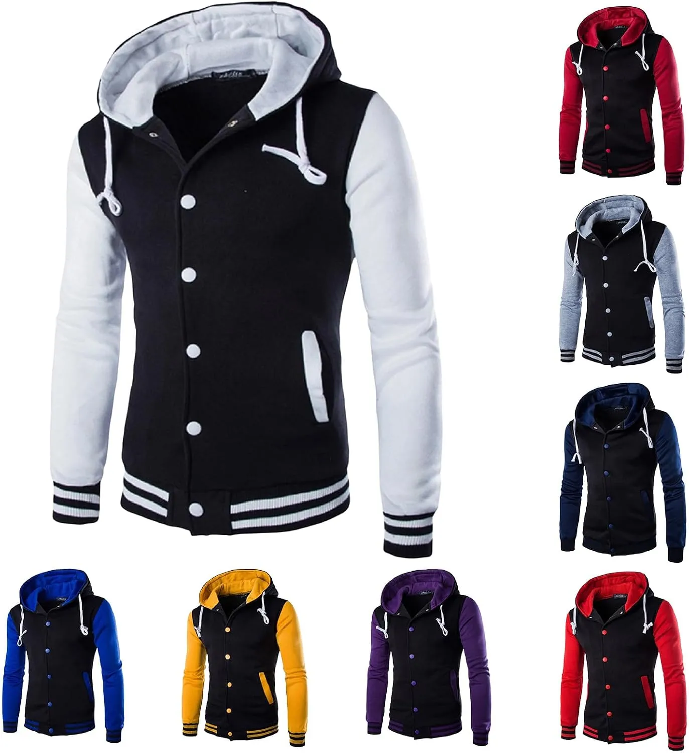 Men's Casual Baseball Jacket Hooded Sweatshirt Button Coat Slim Cardigan Brushed Sweater Warm Winter Coat