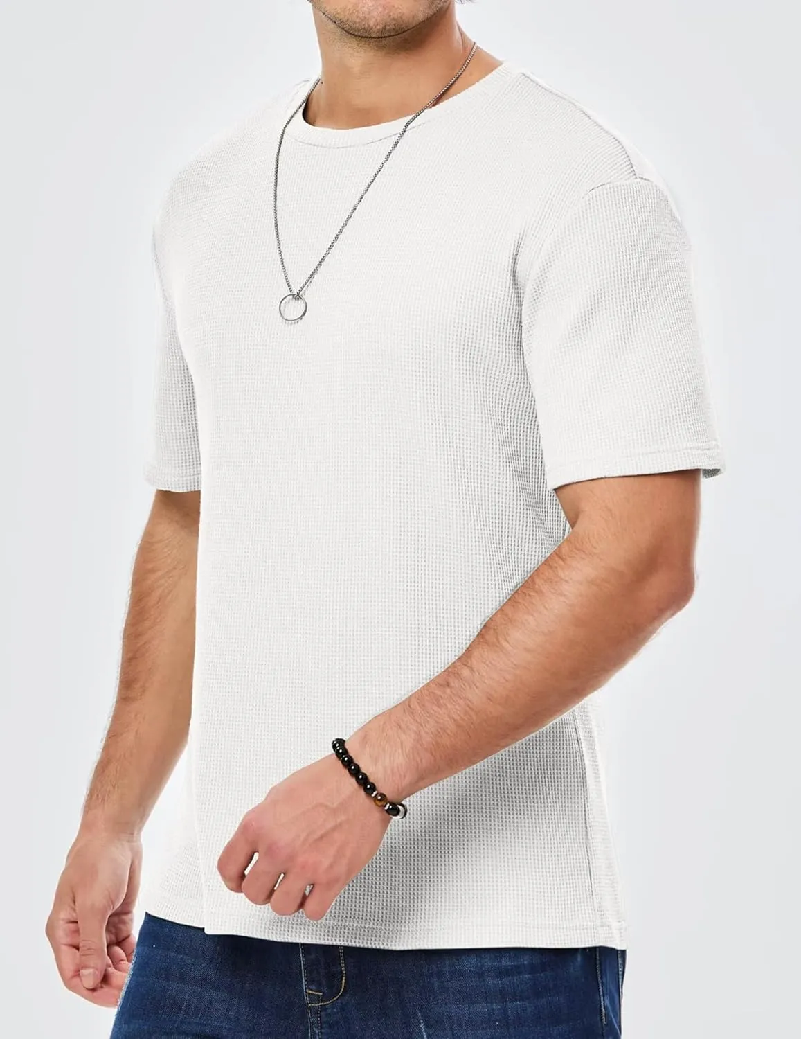 Men's Casual T-Shirts Lightweight Crewneck Solid Color Short Sleeve Waffle Pullover Tees