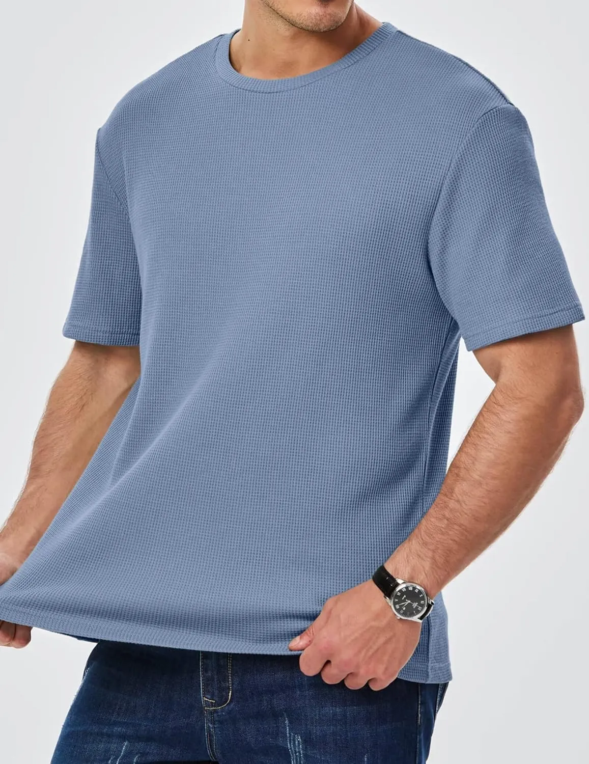 Men's Casual T-Shirts Lightweight Crewneck Solid Color Short Sleeve Waffle Pullover Tees