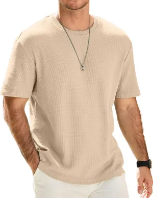 Men's Casual T-Shirts Lightweight Crewneck Solid Color Short Sleeve Waffle Pullover Tees
