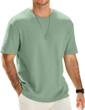 Men's Casual T-Shirts Lightweight Crewneck Solid Color Short Sleeve Waffle Pullover Tees