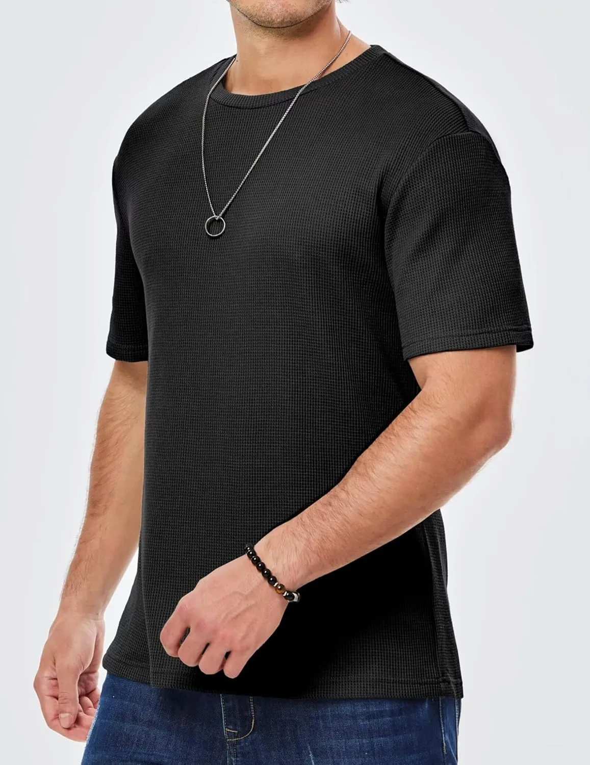 Men's Casual T-Shirts Lightweight Crewneck Solid Color Short Sleeve Waffle Pullover Tees