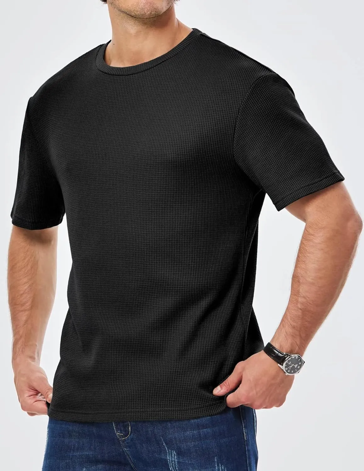 Men's Casual T-Shirts Lightweight Crewneck Solid Color Short Sleeve Waffle Pullover Tees